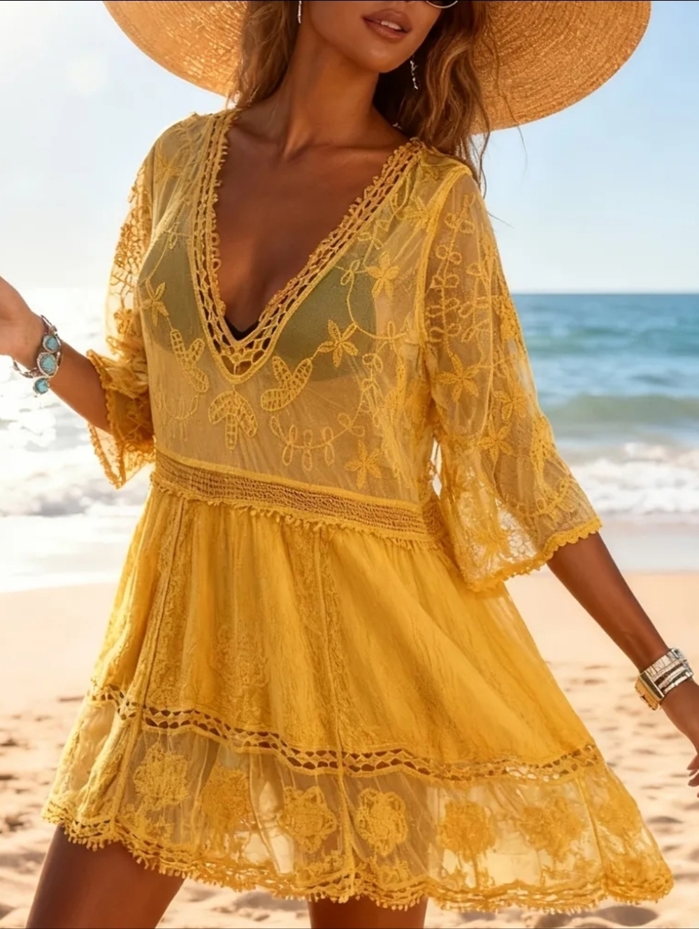 NEW Boho Embroidered Lace Cover Up Tunic Top Dress Sheer Mesh Floral Yellow - Picture 6 of 8